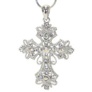 White Gold Victorian Style Crystal Cross